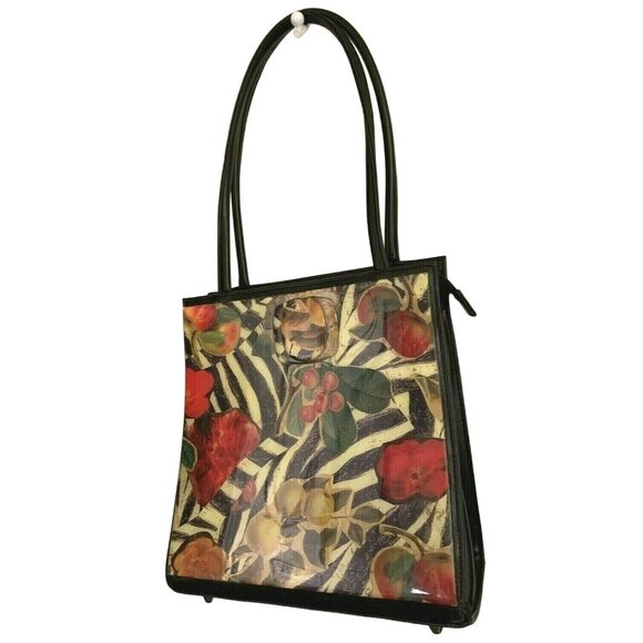 Angela Frascone Handbags - Angela Frascone Black Leather Apples Floral Resin Handbag NOS Vintage